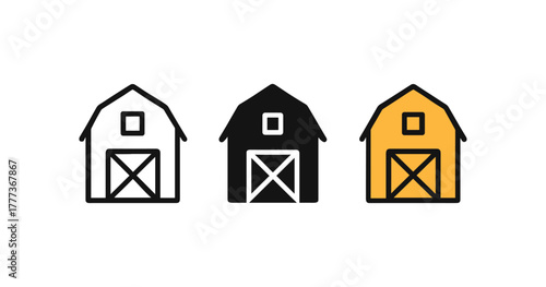 Minimalistic farmhouse icons: black, white, and yellow barn designs for rural themes