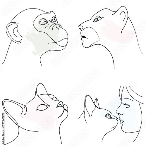 Minimalist Line Art Portraits Monkey, Lioness, Cat, Woman Kissing Cat continuous line art bundle