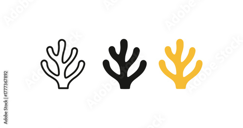 Coral icons set: minimalistic, black and yellow variations in outline and filled styles