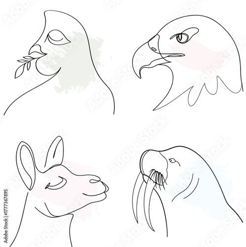 Minimalist Line Art Portraits Dove, Eagle, Llama, Walrus continuous line art bundle bird