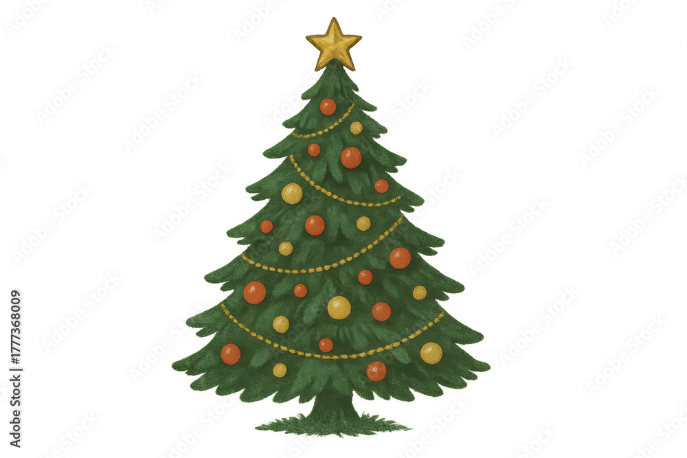 Fototapeta premium Christmas tree decorating with star, ornaments, and garland for festive holiday season celebration, transparent background