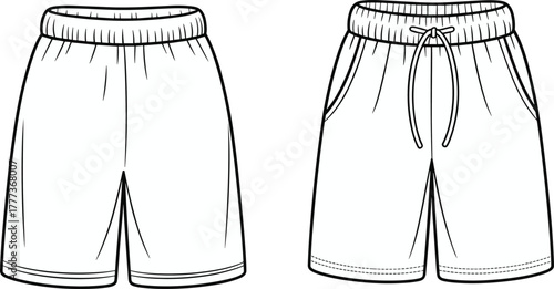 Cad drawing flat vector illustration, fashion sketch, knee-length shorts comparison, technical