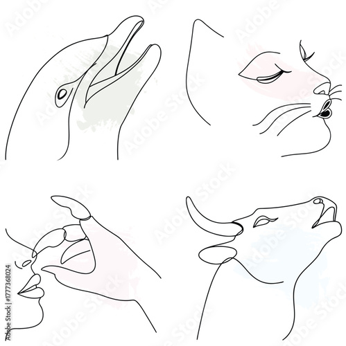 Minimalist Line Art Portraits Dolphin, Cat, Woman Kissing, Bull continuous line art bundle