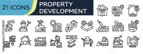 Collection of Property Development icons, related to Work In Progress, Builder, Home Repair, Facility Management, Infrastructure and more. Outline icons vector illustation.