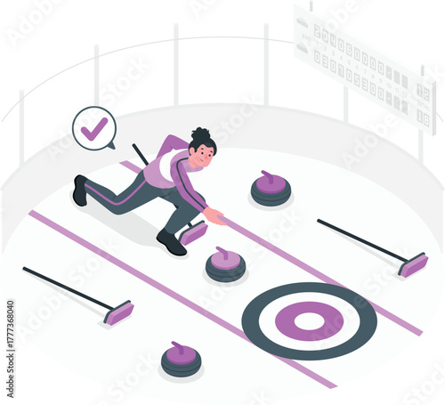 Person playing curling on ice with stones and brooms sport winter