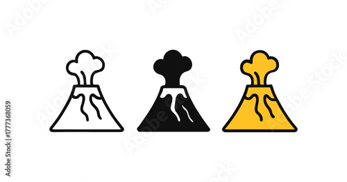 Simple outline of erupting volcano in trio of color variations