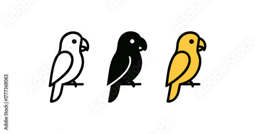 Trio of parrot icons in minimalist style for nature and wildlife design