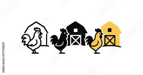 Colorful rooster farm silhouette with barns for rural themed designs