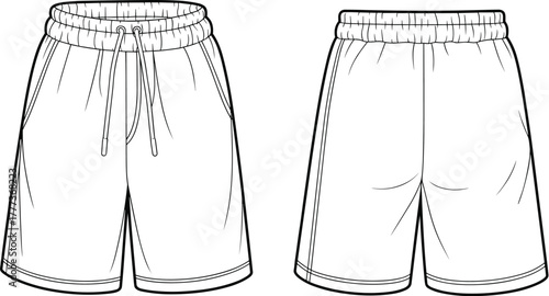 Cad drawing flat vector illustration, technical fashion sketch, knee-length shorts design, garment