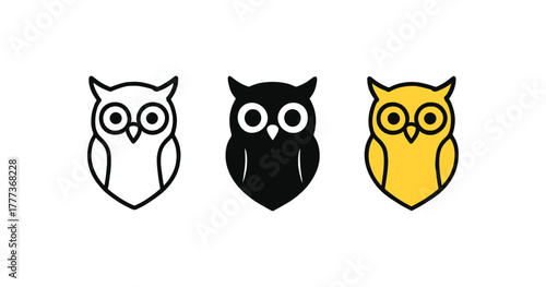 Minimalist owl icons in black, white, and yellow for modern design projects