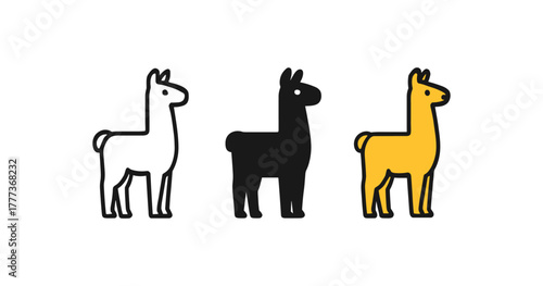 Playful llama icons in minimalist style with variations in color and outline