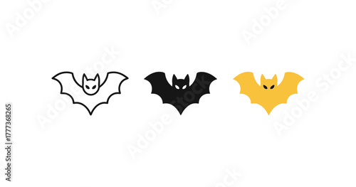 Minimalist bat icons: simple black, white, and yellow bat designs for halloween