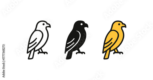 Colorful bird icons: outline, silhouette, and filled styles
