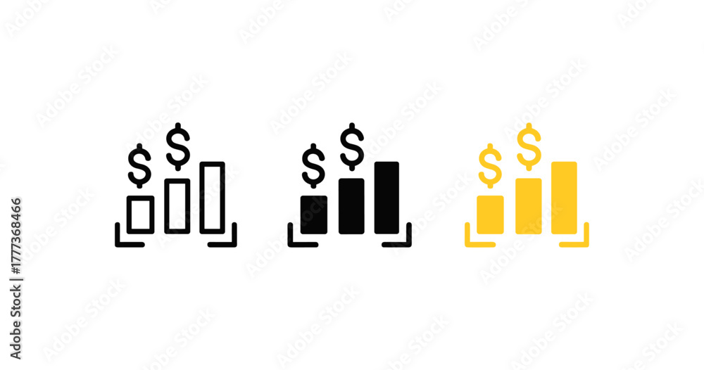 Fototapeta premium Minimalist growth chart icons with dollar sign in three styles