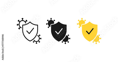 Minimalist virus protection icons with shield and check mark