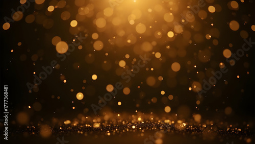 Abstract golden glitter falling on a dark background with bokeh lights effect