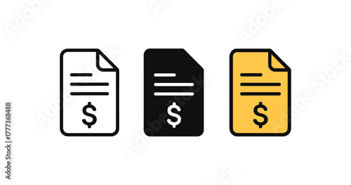Minimalist invoice icons with dollar symbol in black, white, and yellow variants