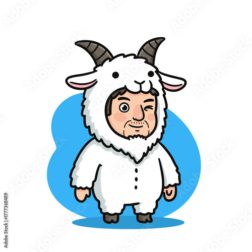 Cartoon man winking in a white fluffy goat costume with horns, standing on a blue blob background.