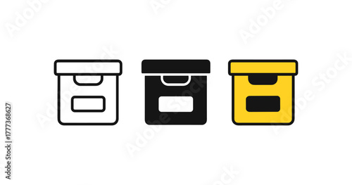 Set of storage boxes icons: outline, solid, and colorful styles for organization