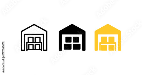 Warehouse icons in linear and flat styles for logistics and supply chain design