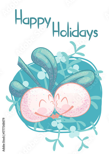 Christmas and New Year greeting card design template. Cute berries and mistletoe leaves. A smiling character. Children's vector cartoon illustration for the design of postcards, posters, banners