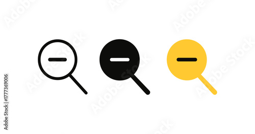 Minimalist magnifying glass icons with minus sign in three colors