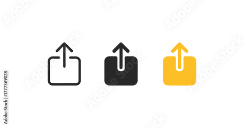 Simple flat style upload icons with arrow in three colors on white background