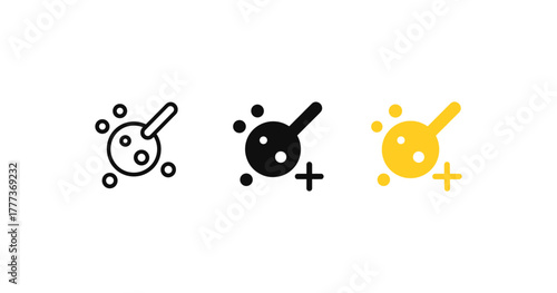 Minimalist science icons: outline, solid, and filled molecule designs with plus symbol