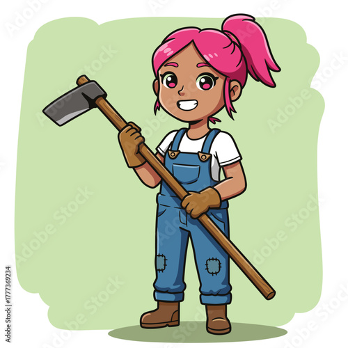 Cheerful cartoon girl farmer with pink hair and overalls holding a gardening hoe on a green background.