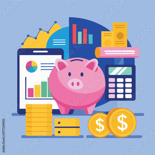 Finance Concept: Piggy Bank With Calculator, Coins, Charts, and Reports for Savings and Investment