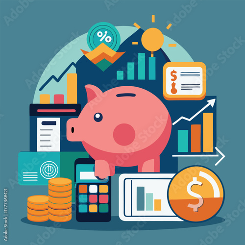 Piggy Bank With Financial Tools And Charts Illustrates Saving, Budgeting, And Growth