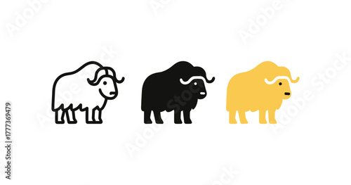 Minimalist musk ox icons in trio of styles