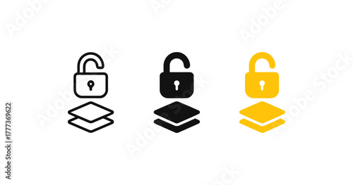 Minimalist unlocking padlock icons in black and yellow variations for security and privacy concepts