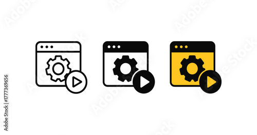 Set of web browser icons with gear and play button in linear and solid styles