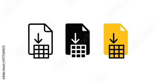 Download spreadsheet document icons in black, yellow, and white