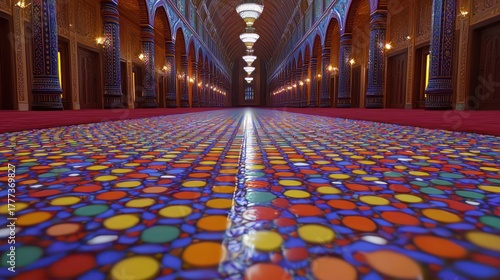 Long corridor view of patterned floor and arches