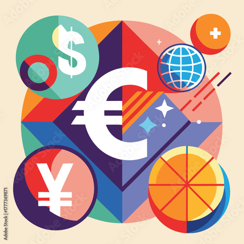 Global Currency Concept: Colorful Euro Symbol With Worldwide Money Icons, Globe and Market Symbols