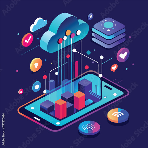 Isometric Cloud Computing And Data Analytics On Mobile Device With Cloud Storage And Icons