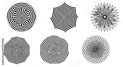 Optical illusions featuring black and white radial patterns in geometric shapes