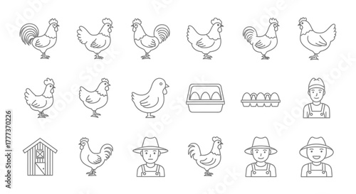 Collection of farm related icons featuring chickens eggs and farmers