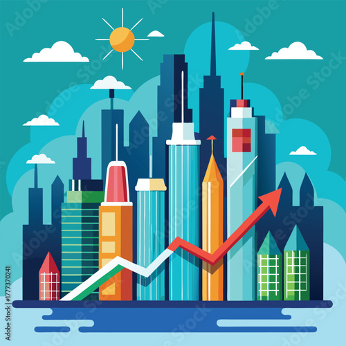Vibrant City Skyline With Upward Graph Demonstrating Growth, Modern Architecture, And Busy Urban Economy