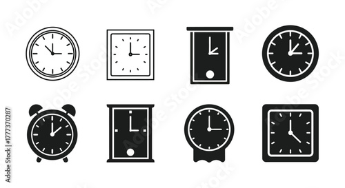 Collection of various black and white clock and timepiece icons isolated