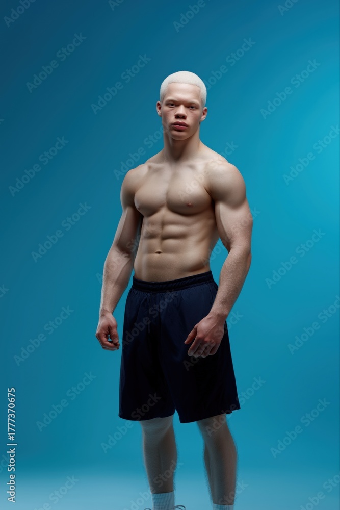 Fototapeta premium Young african male athlete with defined muscles posing on blue background