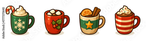 Christmas mugs cartoon icons ,hot chocolate, winter, holiday, cozy, festive