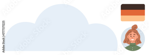 Blue cloud shape, female character with joyful expression, and a muted tone color palette. Ideal for branding, creativity, design thinking, networking, user profile, inspiration simple flat metaphor
