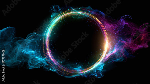 Abstract swirling smoke and a glowing ring creating a mysterious ambiance. The ring's edge is multi-colored and shimmers, with various streams of smoke