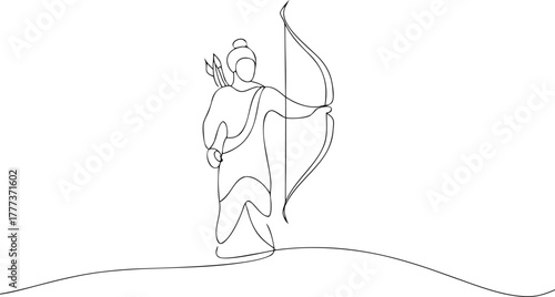Archer with bow and arrows one line drawing quiver