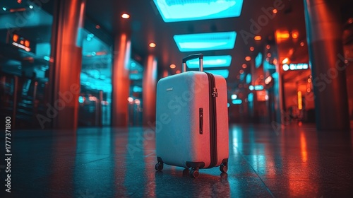 Luggage awaits under colored lights in a modern terminal