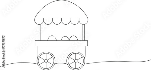 Black and white outline of a food cart with wheels and awning