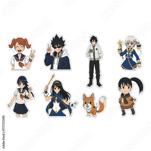 Anime & Manga Character Sticker Pack: Students, Mages, Stylish Boy, School Uniform Girls & Cute Shiba Inu Dog - Cartoon Illustration Decals for Fans, Scrapbooking, and Digital Art Projects